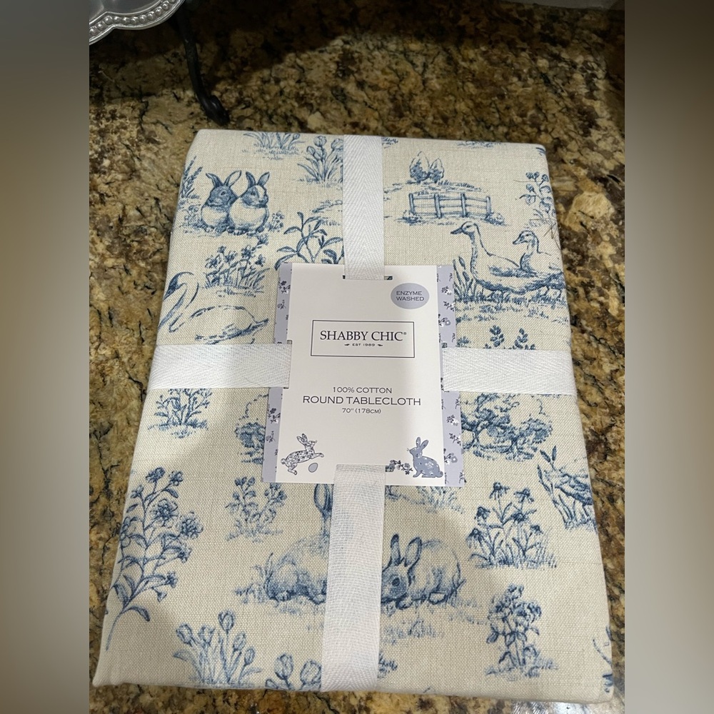Shabby Chic Blue and Cream Rabbit Toile Round tablecloth 70” Brand New!